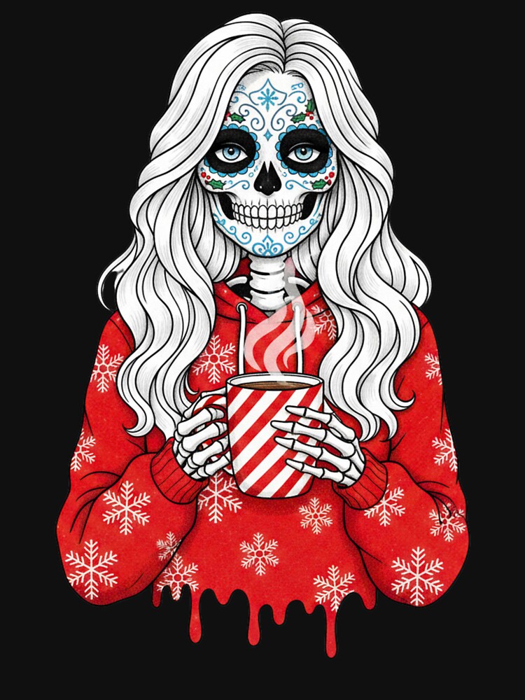 Skeleton Christmas Coffee Girl | Cute Gothic Winter Sugar Skull Art by ColorSplash123 T-Shirts, Hoodie, Sweatshirt (Image 3)