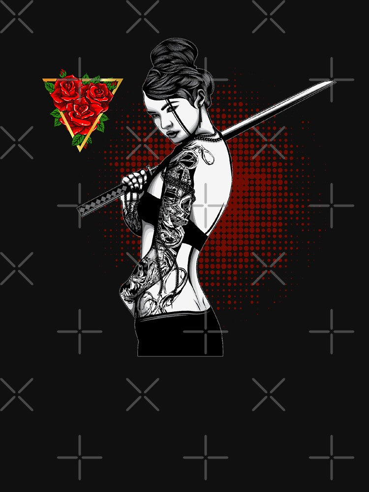 Three Red Rose Golden Triangle Gothic Tattoo Girl With Katana Sword by darknessjeff86 T-Shirts, Hoodie, Sweatshirt (Image 3)