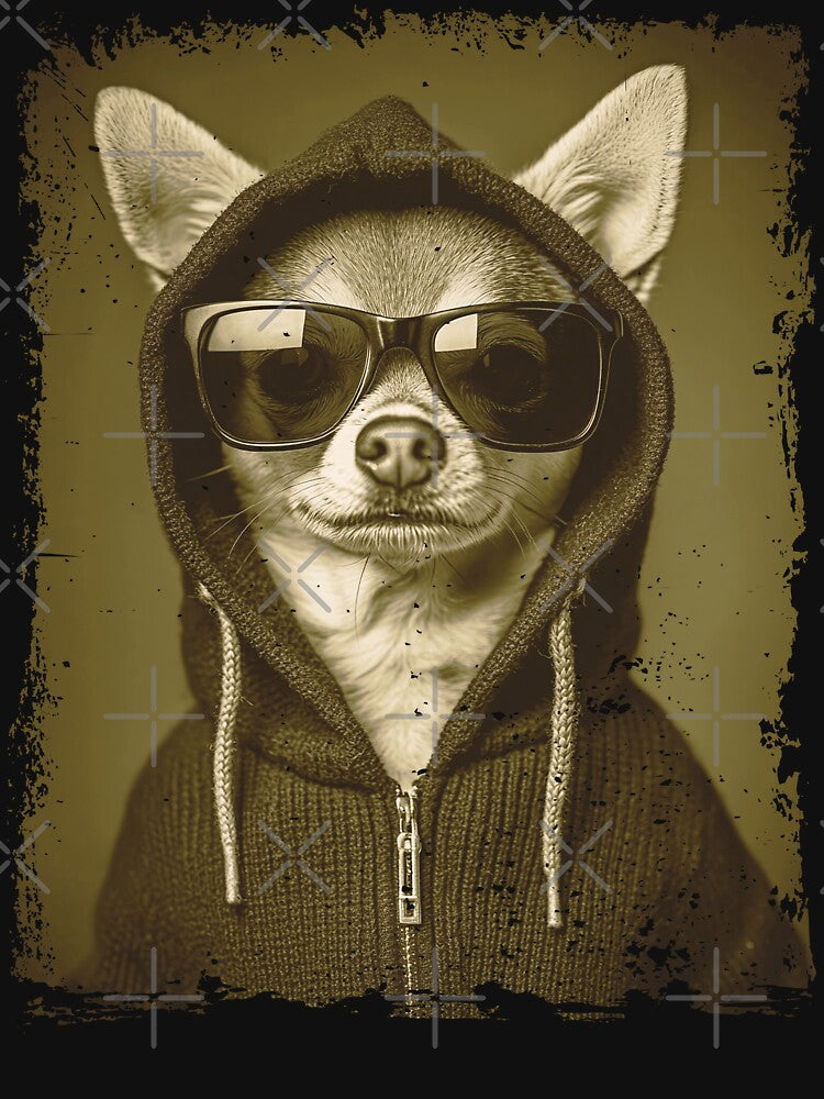 Funny pet T-shirts – Sepia Chihuahua in Hoodie and Sunglasses Vintage Grunge Style for Cool Dog Lovers and... (Image 3)