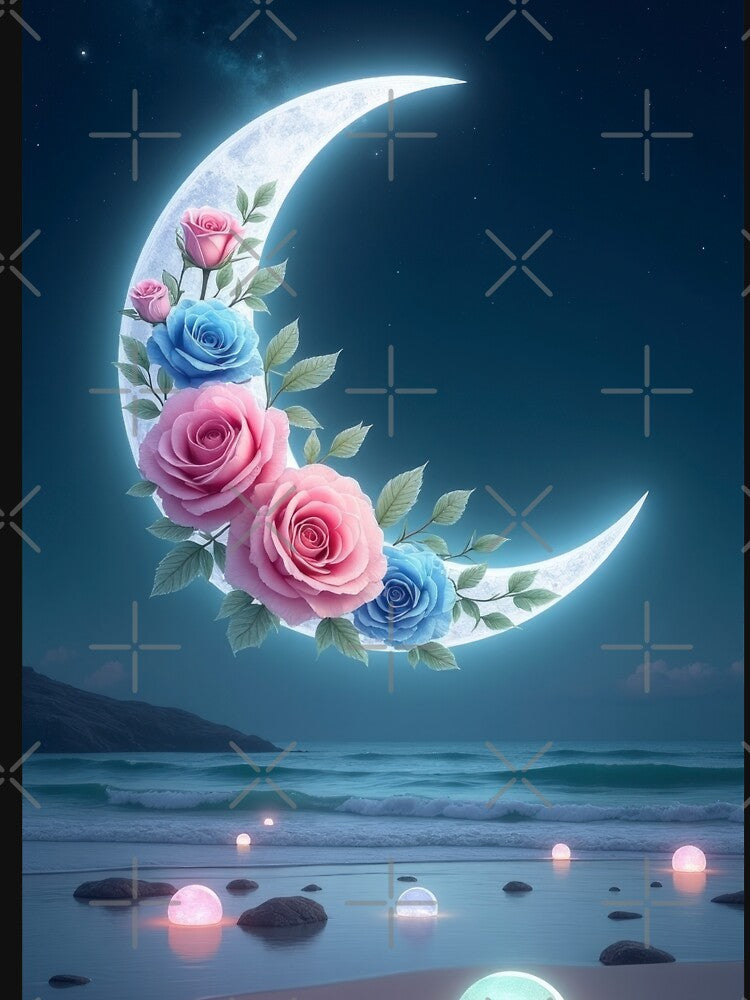 Valentines Day crescent moon with roses on the seashore landscape, valentine  landscape,valentine art,valentine... (Image 3)