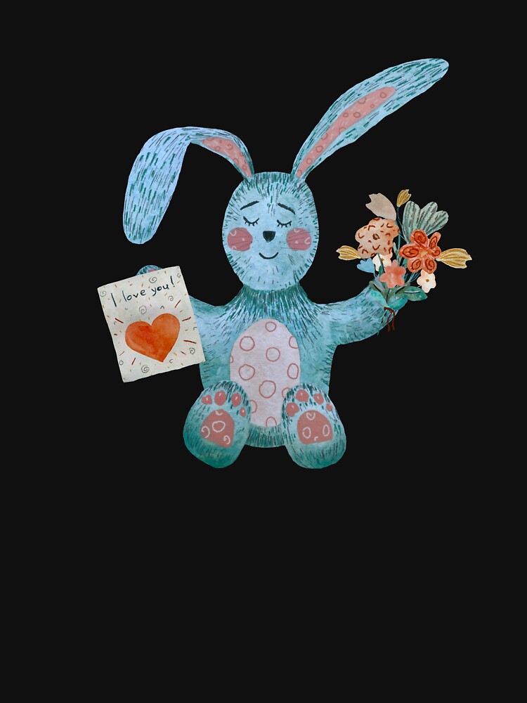 Rabbit blue flower bouquet flat texture watercolor black by Yana Mustafina | Boho Soulful Designs T-Shirts,... (Image 3)