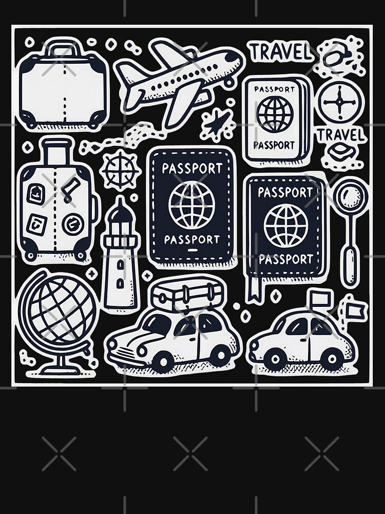 Whimsical Minimalist Travel Icons Passport Adventure Illustration by UniqueCraftsnCo T-Shirts, Hoodie, Sweatshirt (Image 3)