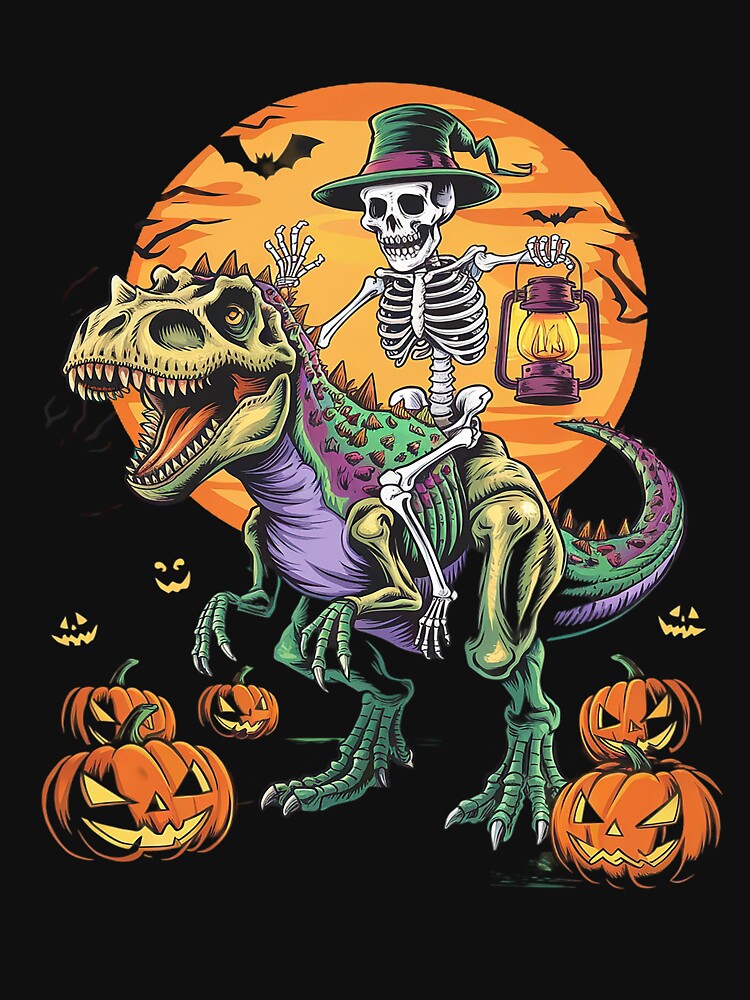 Skeleton Riding A Dinosaur Halloween by RsFilsingerArt T-Shirts, Hoodie, Sweatshirt | BlankRebels.com (Image 3)