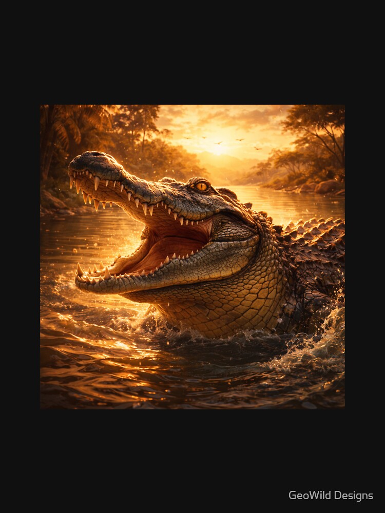 Crocodile at Golden River – Powerful Wildlife Fantasy Art by GeoWild Designs T-Shirts, Hoodie, Sweatshirt (Image 3)