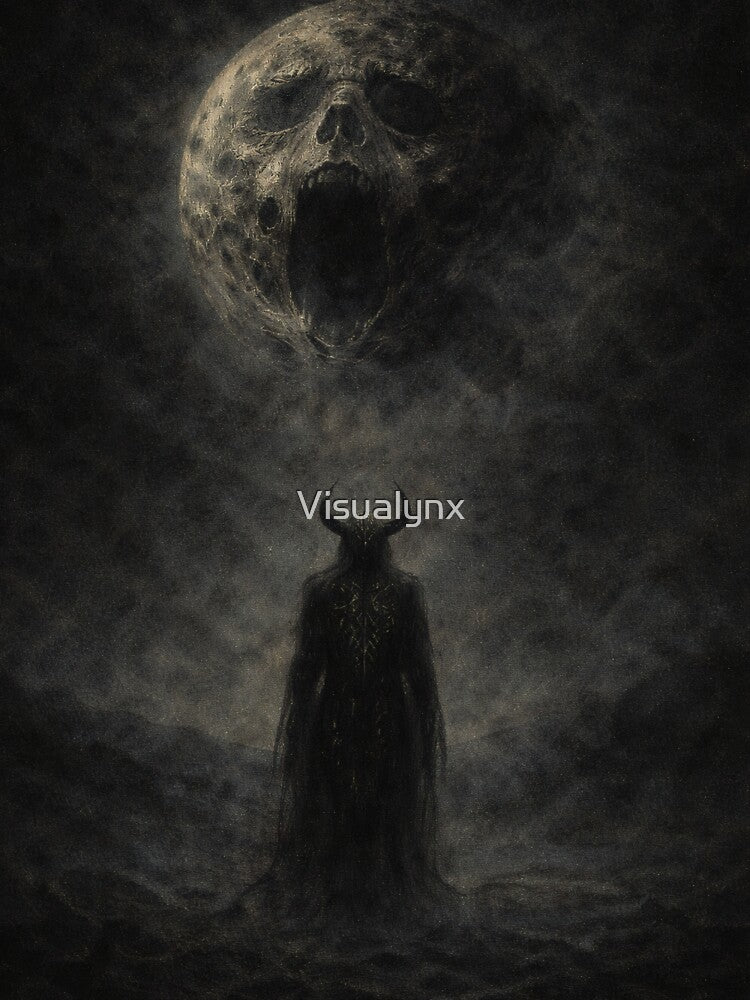 Cosmic Darkness – Horned Figure Beneath a Screaming Moon by Visualynx T-Shirts, Hoodie, Sweatshirt (Image 3)