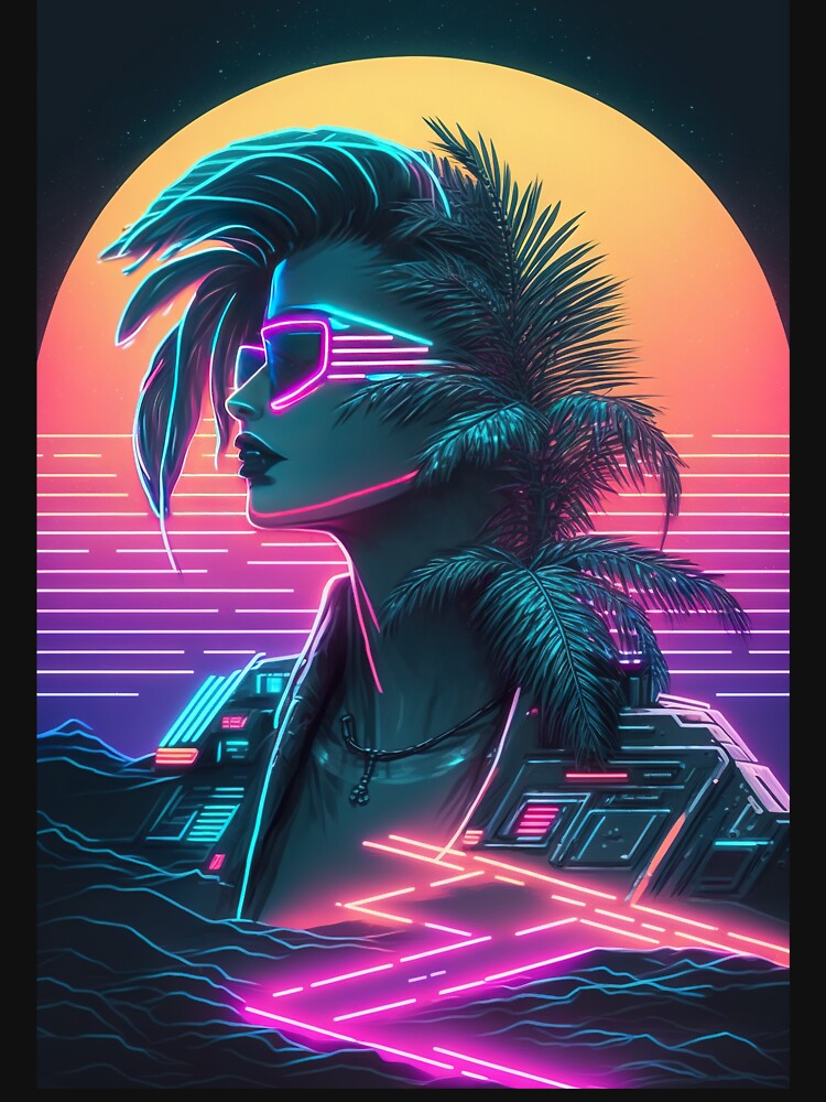 Cyber Twilight: Sunset with a Synthwave Female Cyborg by Mullet Monkey T-Shirts, Hoodie, Sweatshirt (Image 3)