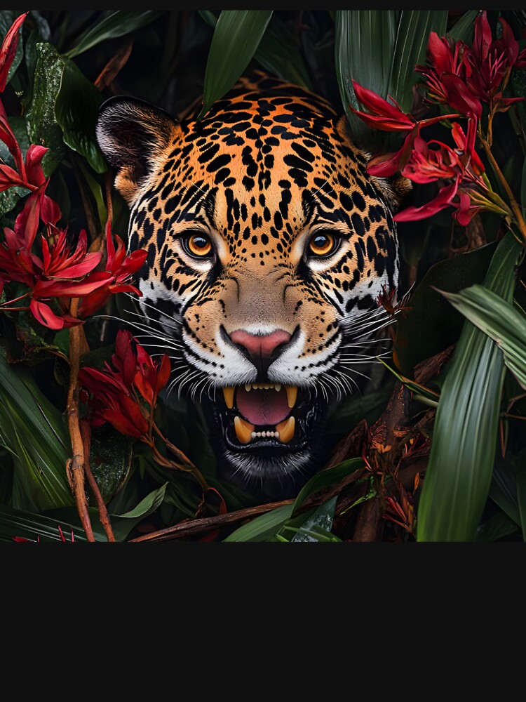 A Jaguar prowling in the Forest with flowers - Wildlife portrait by TheArtistOf2022 T-Shirts, Hoodie, Sweatshirt (Image 2)