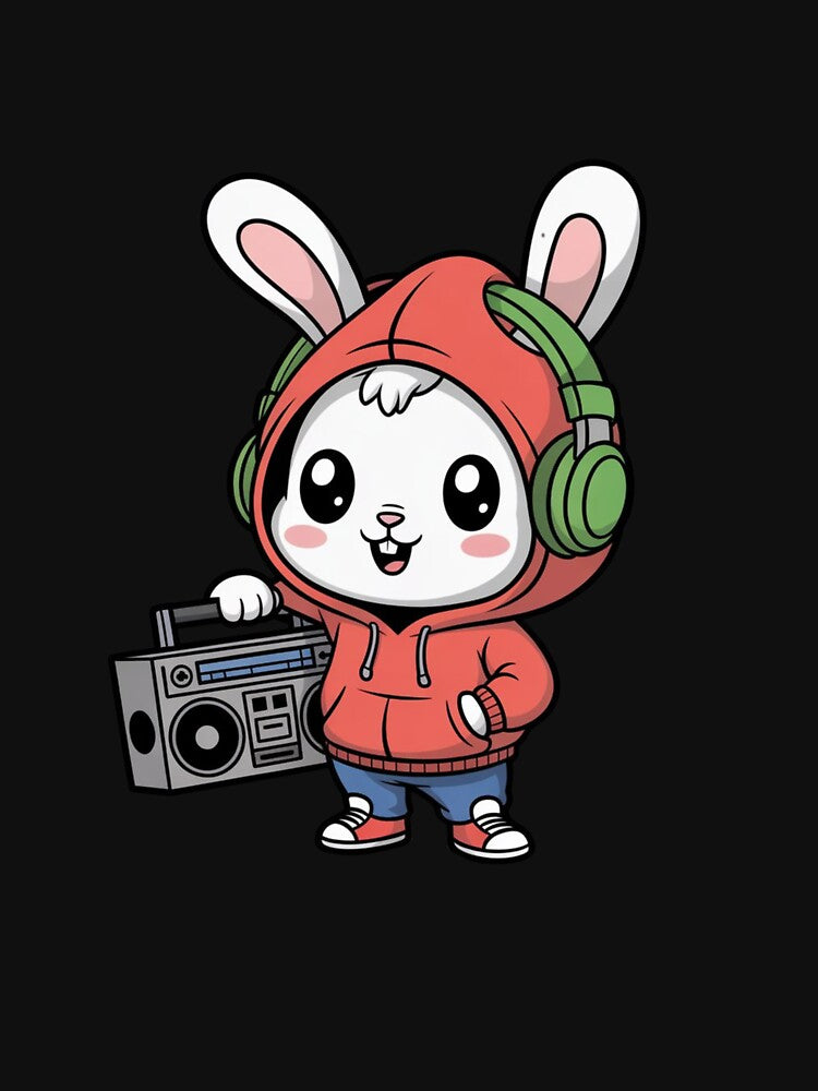 Cute Chibi Bunny Hip-Hop Design | Kawaii Pastel Bunny with Hoodie & Boombox by ColorSplash123 T-Shirts, Sweatshirt (Image 3)