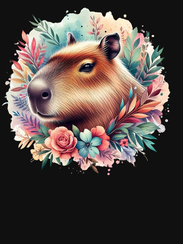 A capybara with a colorful background and various colorful leaves and flowers. by Marcoshop10 T-Shirts, Hoodie,... (Image 3)