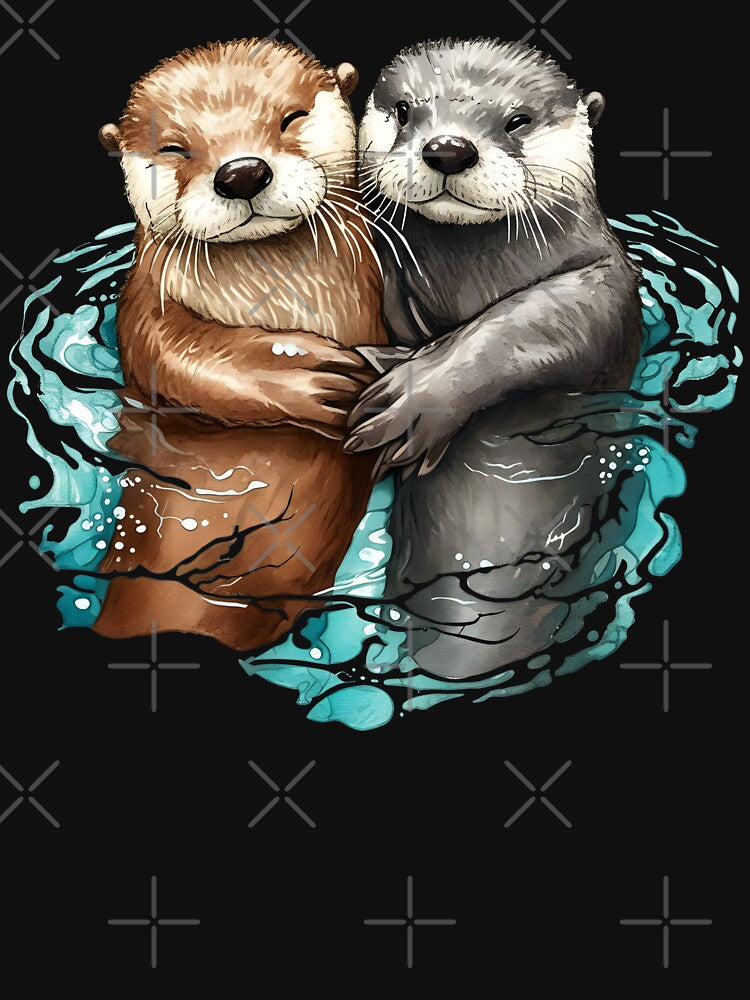 Adorable Sea Otter Couple Holding Hands Cute Floating Otters Watercolor Illustration by DrawHandArt T-Shirts,... (Image 3)