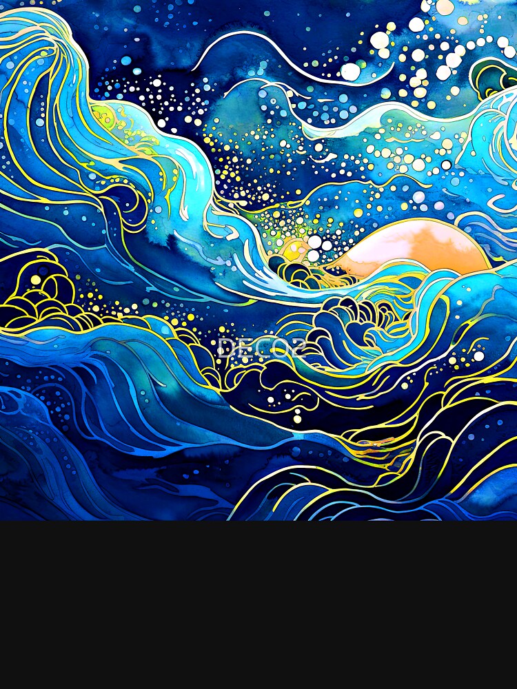 Asian-Inspired Blue Ocean Waves Abstract Design Art by DEC02 T-Shirts, Hoodie, Sweatshirt | BlankRebels.com (Image 3)