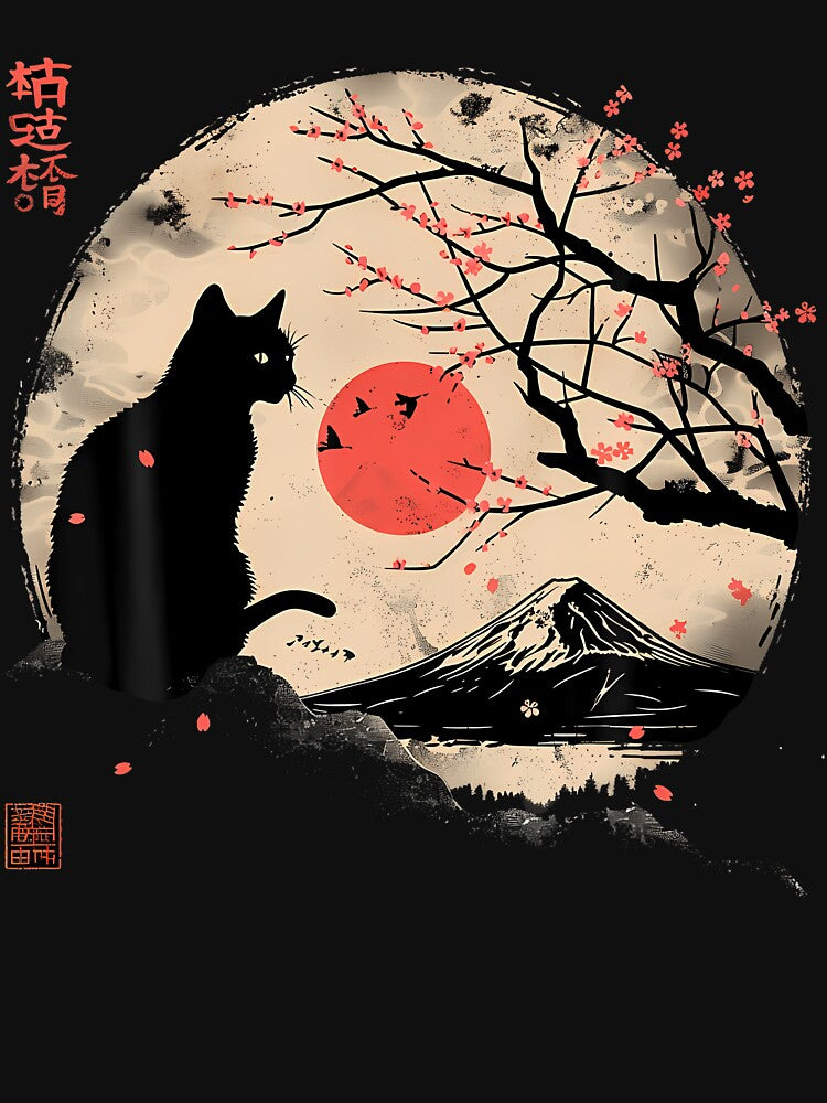 Black Cat Vintage Japan Art Japanese Theme Retro Print by charlettebren T-Shirts, Hoodie, Sweatshirt (Image 3)