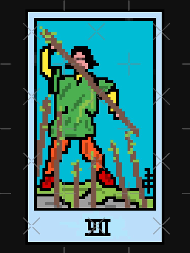 Wait, is this pixel art tarot? Black - Minor Arcana 'Seven of Wands' (Design for T-shirt, stickers and other... (Image 3)