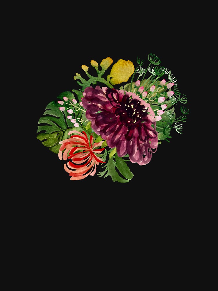 Dahlia palm leaf chrysanthemum cute a watercolor black by Yana Mustafina | Boho Soulful Designs T-Shirts,... (Image 3)