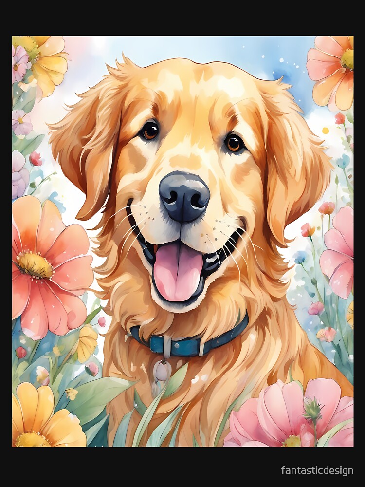 Cute Dog Colorful Flowers Background Golden Retriever Art by fantasticdesign T-Shirts, Hoodie, Sweatshirt (Image 3)