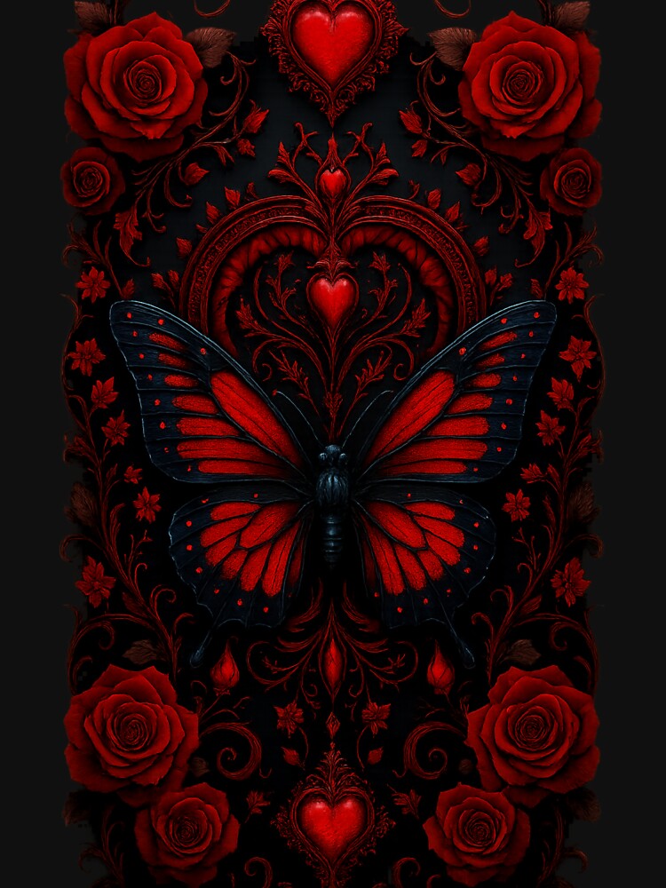 Gothic Red Butterfly with Roses and Hearts – Dark Fantasy Art by NeonCore T-Shirts, Hoodie, Sweatshirt (Image 3)