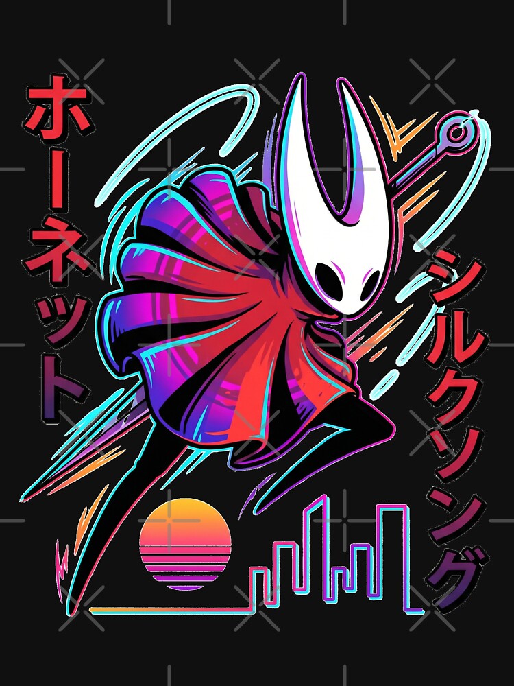 80s Synthwave Hornet Silksong T-Shirt | Hollow Knight Retrowave Neon Grid Hoodie | Retro Vaporwave Gaming Merch... (Image 3)