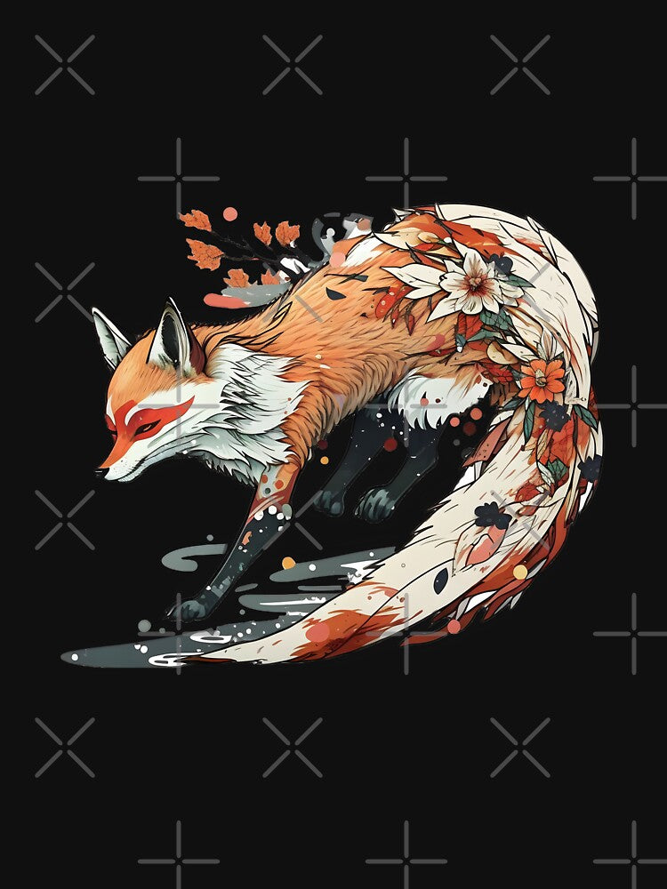 Japanese fox, with flowers on her body, japanese aesthetic by LorandQuest