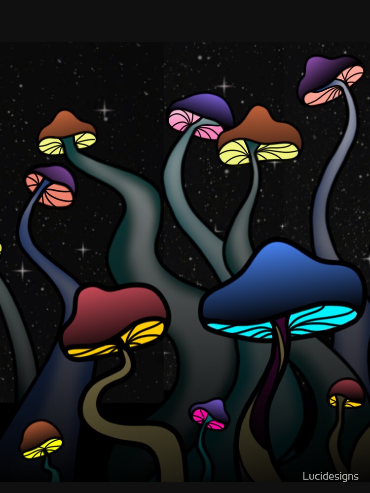 Colorful Dark Glowy Mushrooms - Version with Stars - Trippy Art by Lucidesigns T-Shirts, Hoodie, Sweatshirt (Image 3)