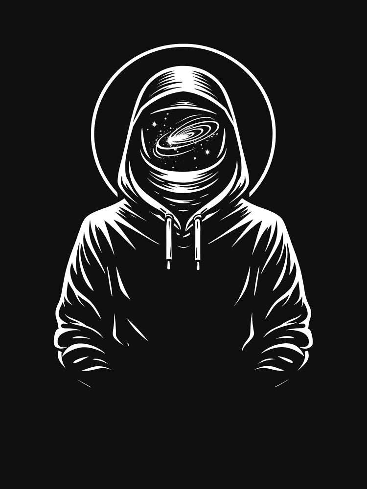 Faceless Universe – Hooded Figure with Galaxy Black and White Illustration by Darsel Art T-Shirts, Hoodie,... (Image 3)