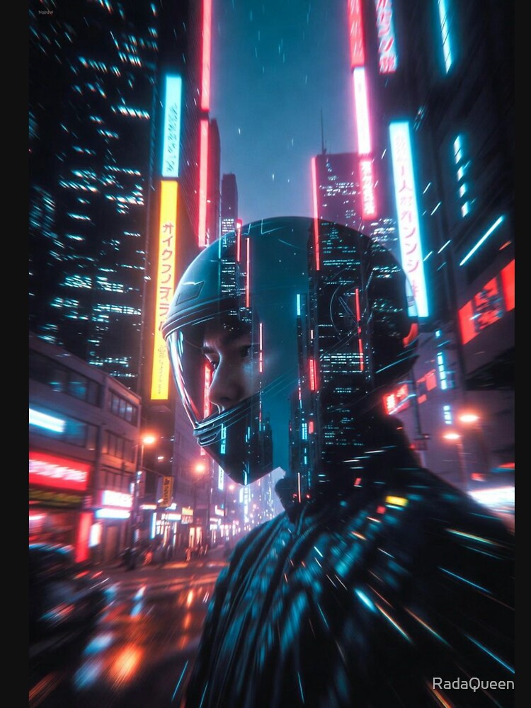 Cyberpunk Neon Rain Reflection – Futuristic Helmet in Blurred Tokyo Night by RadaQueen T-Shirts, Hoodie, Sweatshirt (Image 3)