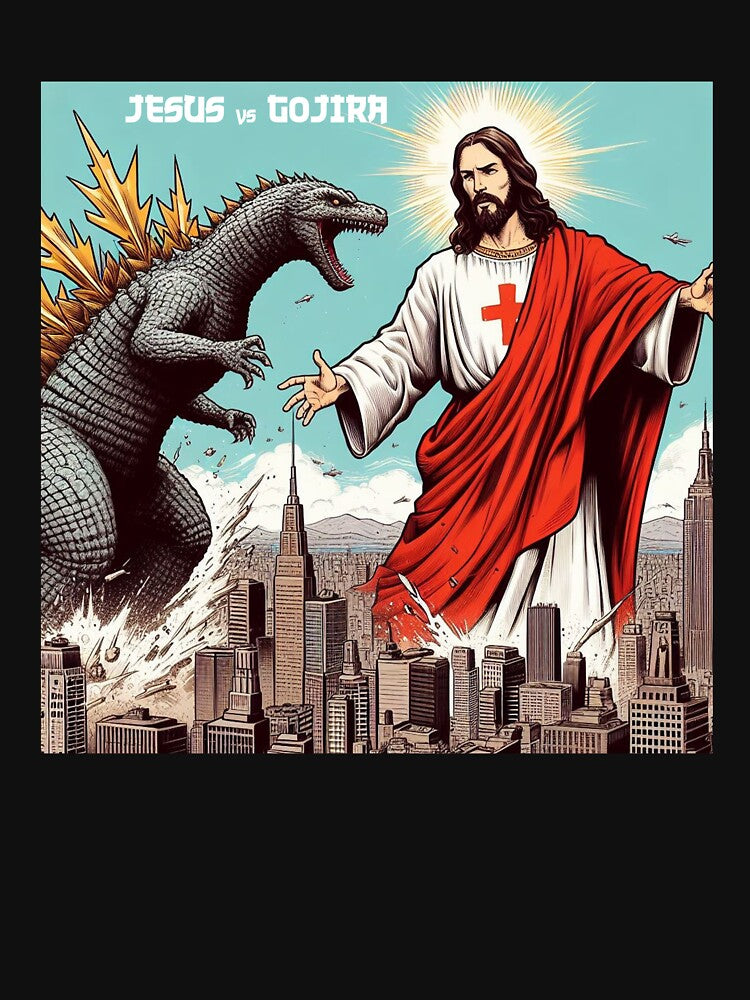 Jesus vs Godzilla Manga Print by Thehatinthecat