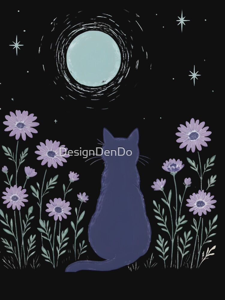 Cat Moon, Minimalist Cat Lover, Night Sky Floral, Aesthetic Nature Top, Gift for Cat Mom, Moonlight Kitty... (Image 3)