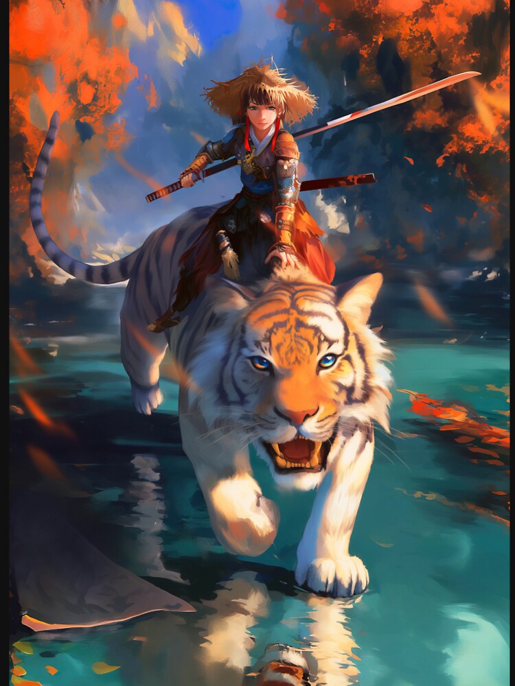 Chinese Fighter boy crossing lake on White tiger in Autumn - Fantasy digital art by TheArtistOf2022