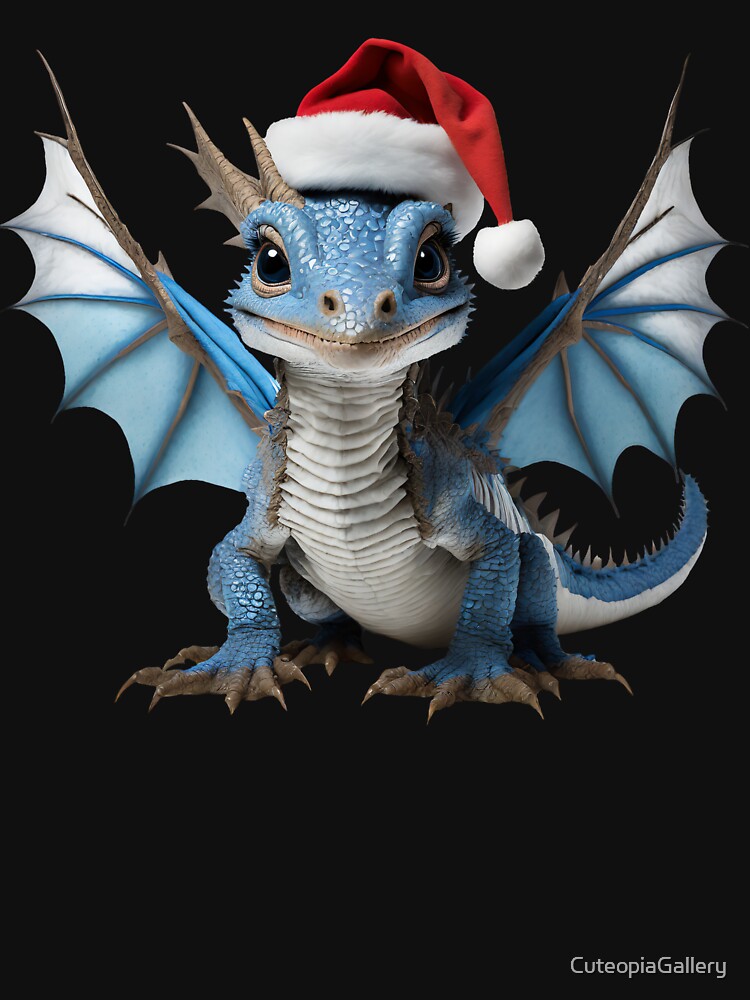 Realistic Artwork of a Cute Blue Baby Dragon Wearing a Red Festive Christmas Hat by CuteopiaGallery T-Shirts,... (Image 3)