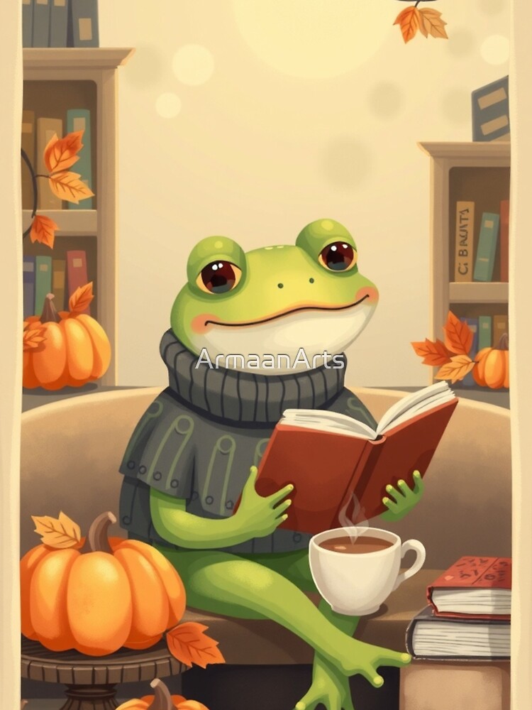 Cute Autumn Frog T-Shirt | Frog Reading Book | Cozy Fall Cottagecore Tee by ArmaanArts Hoodie, Sweatshirt (Image 3)