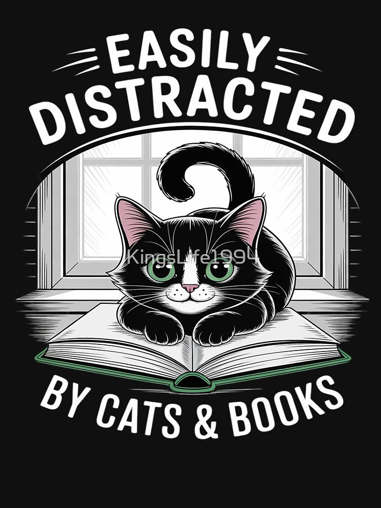 Easily Distracted By Cats & Books Black Cat And Book Lover by KingsLife1994 T-Shirts, Hoodie, Sweatshirt (Image 3)