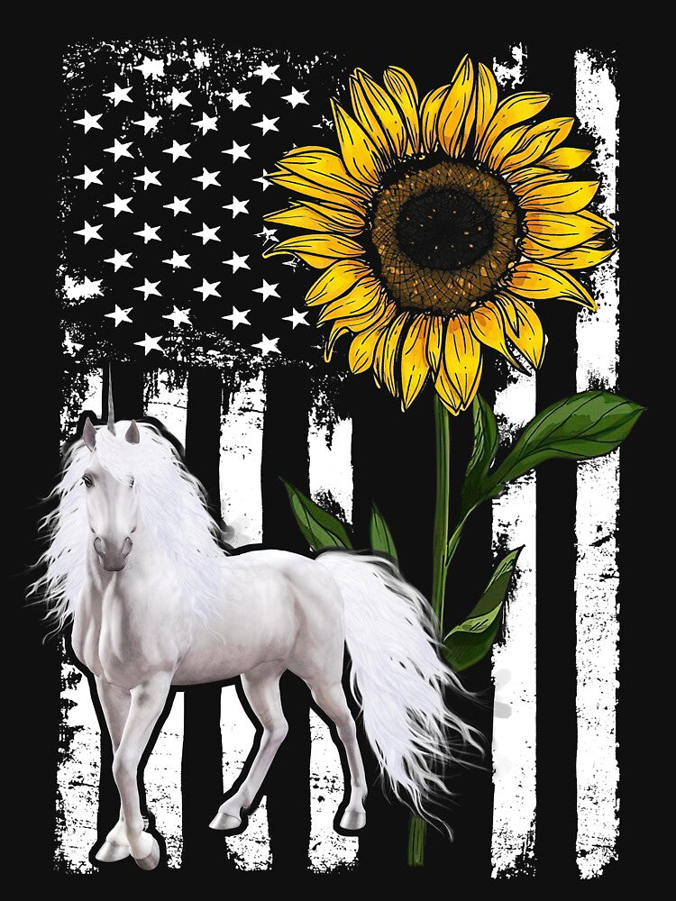 Unicorn Sunflower Black White American Flag by WillaldShop T-Shirts, Hoodie, Sweatshirt | BlankRebels.com (Image 3)