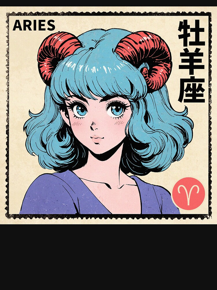 Aries Zodiac Sign Green Haired Pretty Anime Girl Vintage Postage Stamp Aesthetic by onlyanimevibes T-Shirts,... (Image 3)