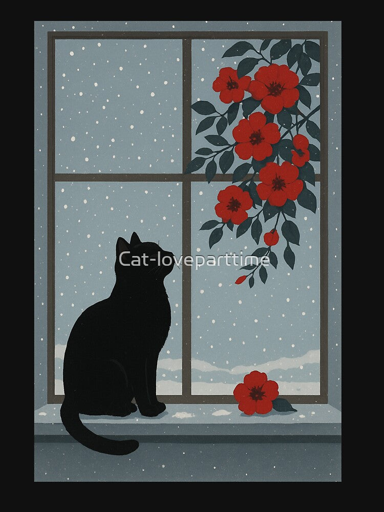 Black Cat: Window Snowy with Red Bloom by Cat-loveparttime T-Shirts, Hoodie, Sweatshirt | BlankRebels.com (Image 3)