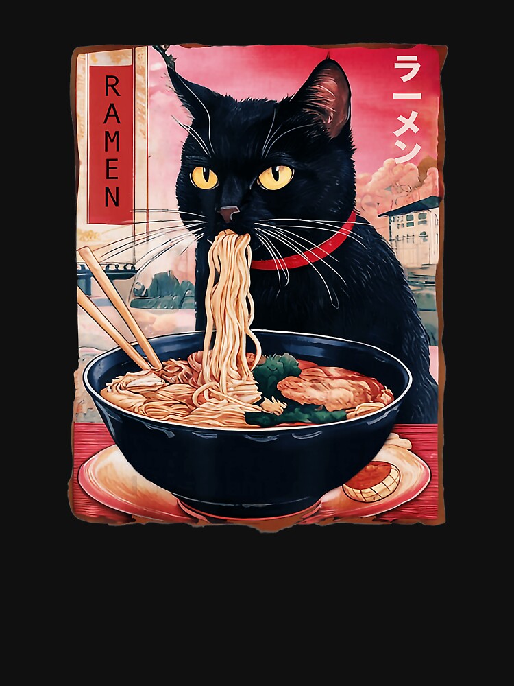 Black Cat Slurping Ramen Japanese Style Noodle by titanlevi