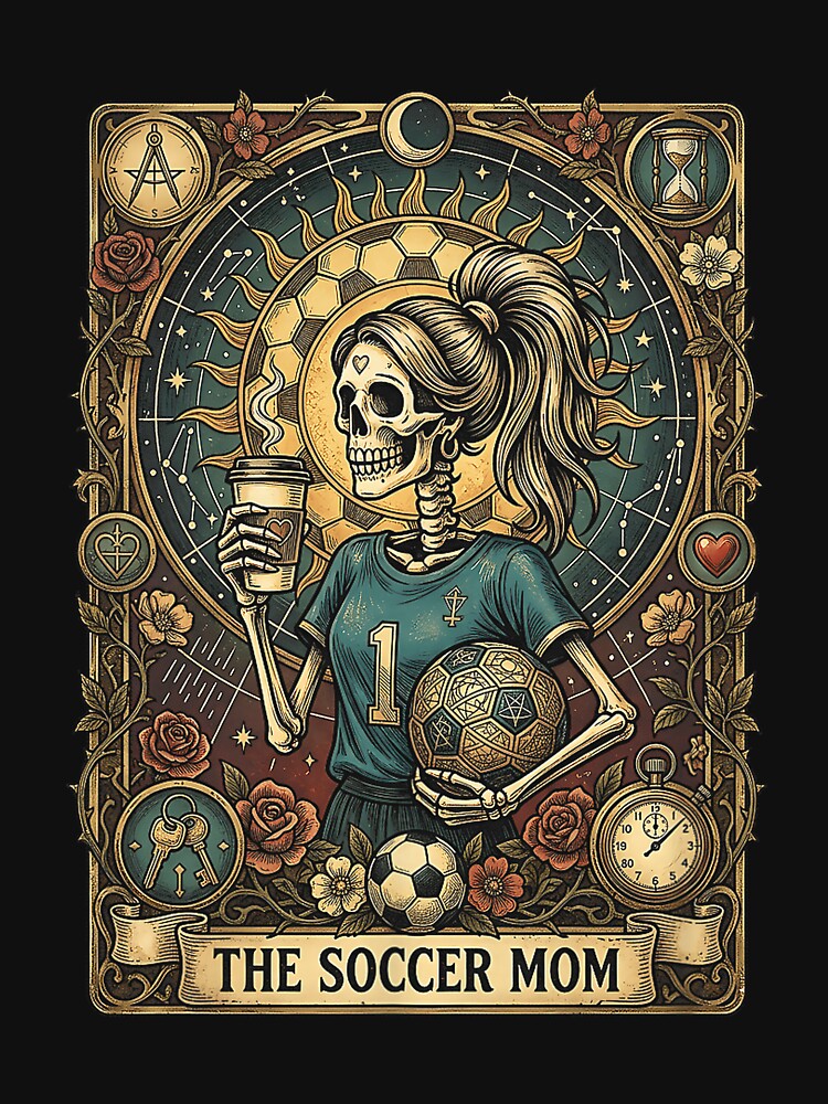 Goth Soccer Mom Tarot Card Spooky Skeleton Coffee Sports Mom by KristineLi