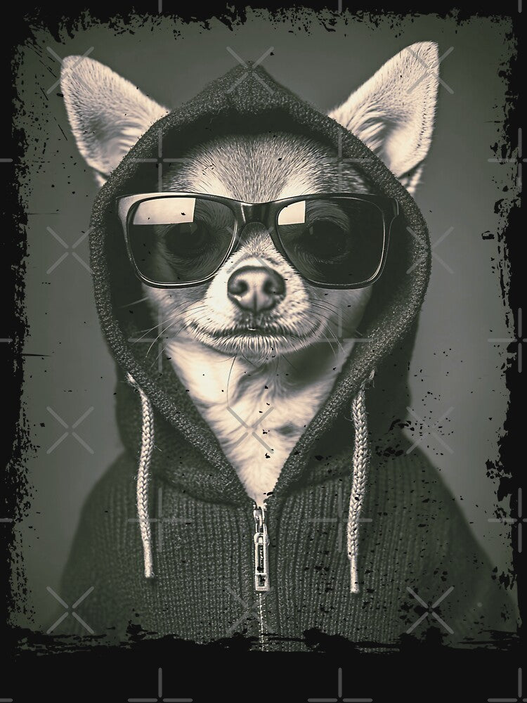 Funny pet T-shirts – Sepia Chihuahua in Hoodie and Sunglasses with Grunge Vintage Style for Cool Dog Lovers by... (Image 3)