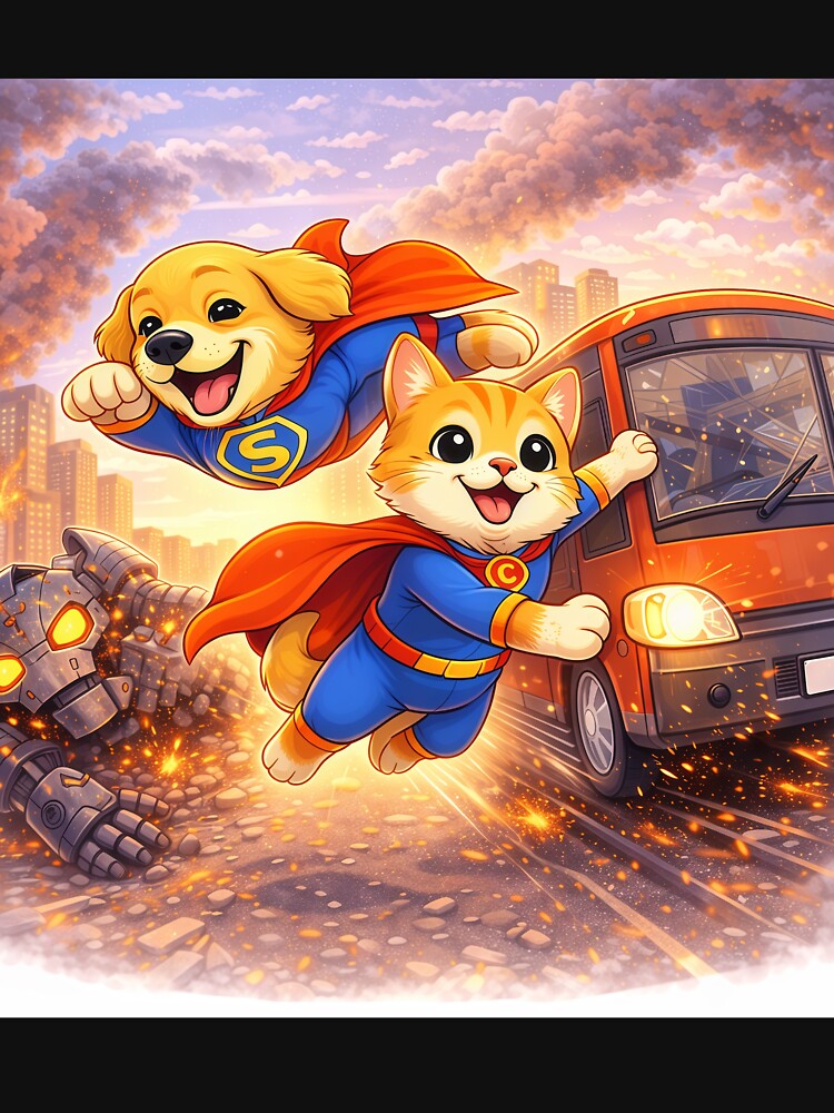 Dog and Cat Superhero Duo Saving the City – Cute Animal Heroes in Action | Superhero Pets Illustration by Furfolkz