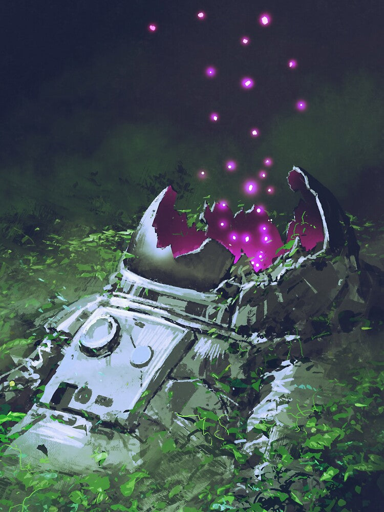 Remains Astronaut With Glowing Insects Covered With Plants Digital Art Style Painting by ONORMAL T-Shirts,... (Image 3)