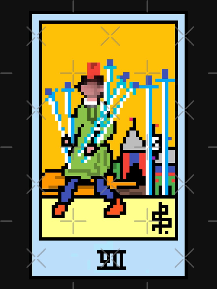 Wait, is this pixel art tarot? Black - Minor Arcana 'Seven of Swords' (Design for T-shirt, stickers and other... (Image 3)