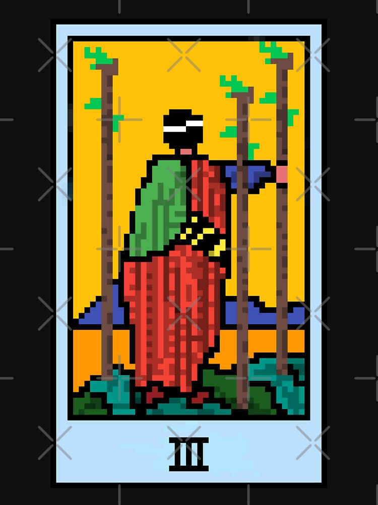 Wait, is this pixel art tarot? Black - Minor Arcana 'Three  of Wands' (Design for T-shirt, stickers and other... (Image 3)