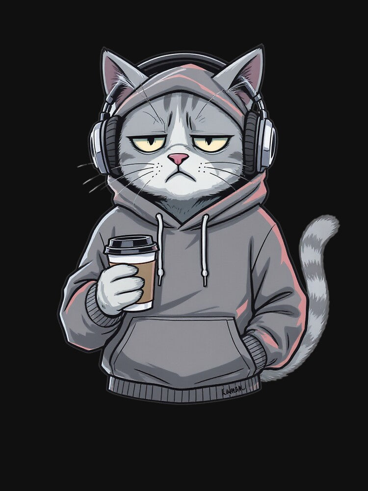 Bored Morning Cat with Coffee – Chill Hip-Hop Hoodie Cartoon by ColorSplash123 T-Shirts, Sweatshirt (Image 3)
