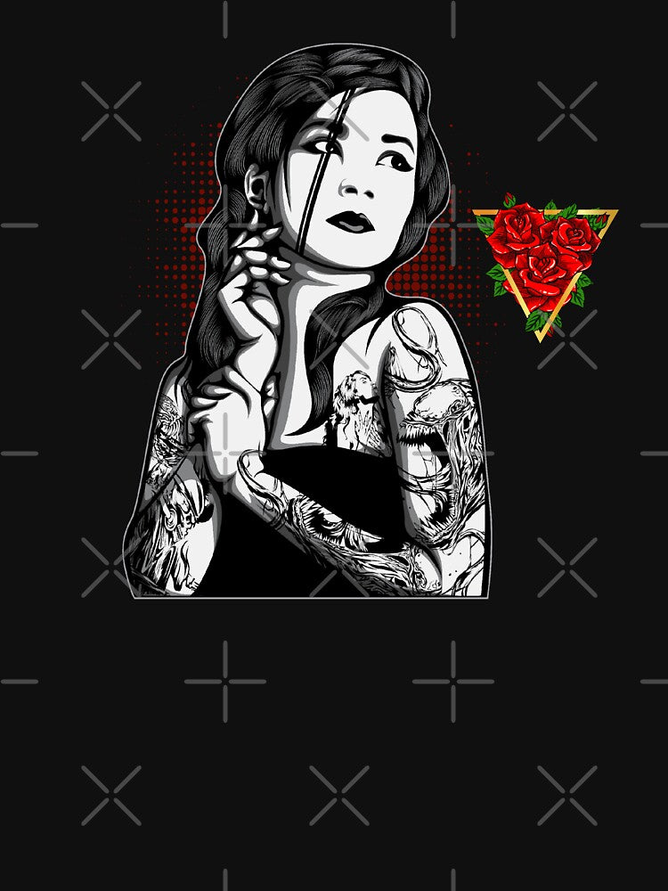 Three Red Rose Golden Triangle Gothic Tattoo Girl With Black Hair by darknessjeff86 T-Shirts, Hoodie, Sweatshirt (Image 3)