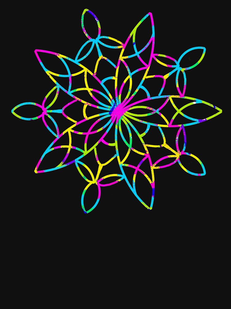 Multicoloured mandala on black background by Starlett Designs