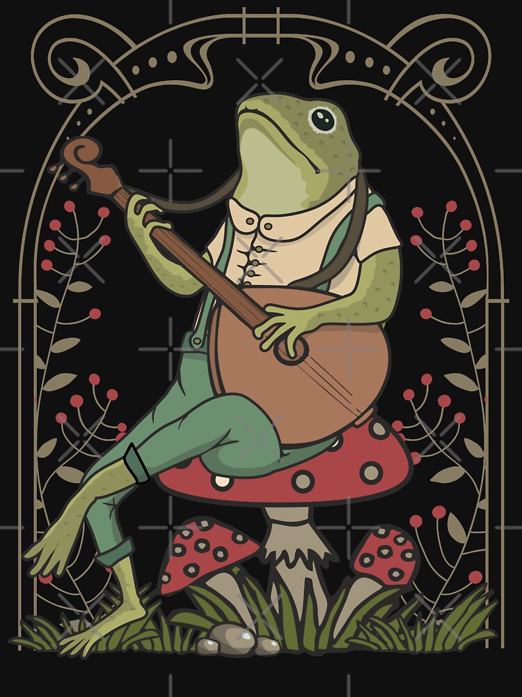 Cute Cottagecore Frog Playing Banjo Sitting On A Mushroom Naturecore Aesthetic Retro Art by alenaz T-Shirts,... (Image 3)