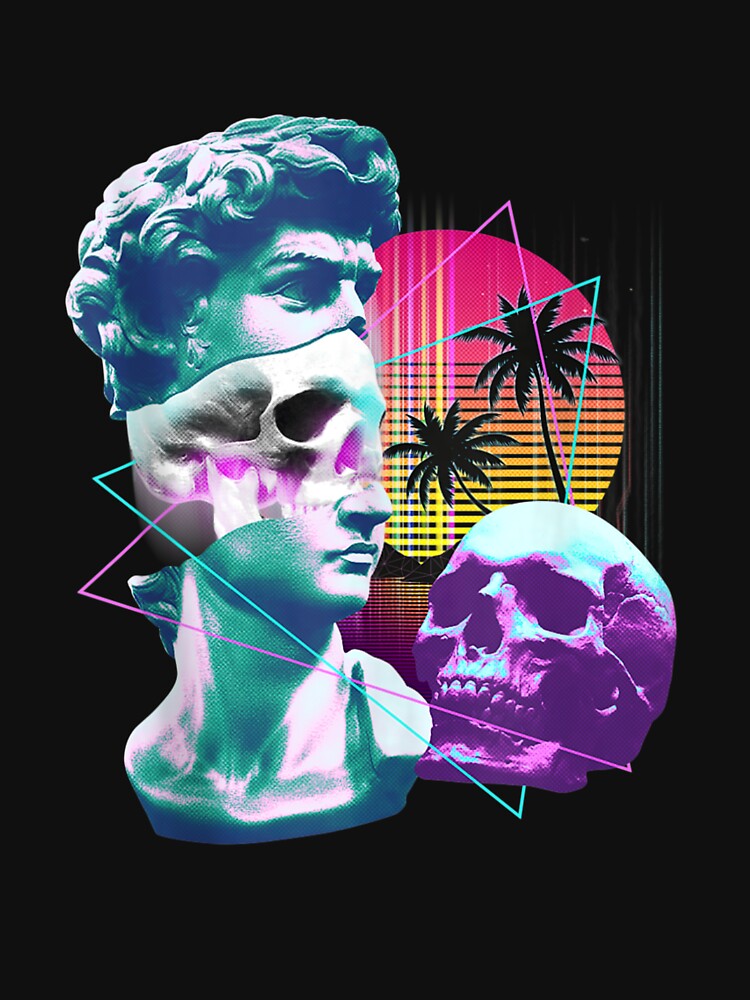Vaporwave David Bust Statue with Skulls & Palm Tree Art by DeannaMarks T-Shirts, Hoodie, Sweatshirt (Image 3)