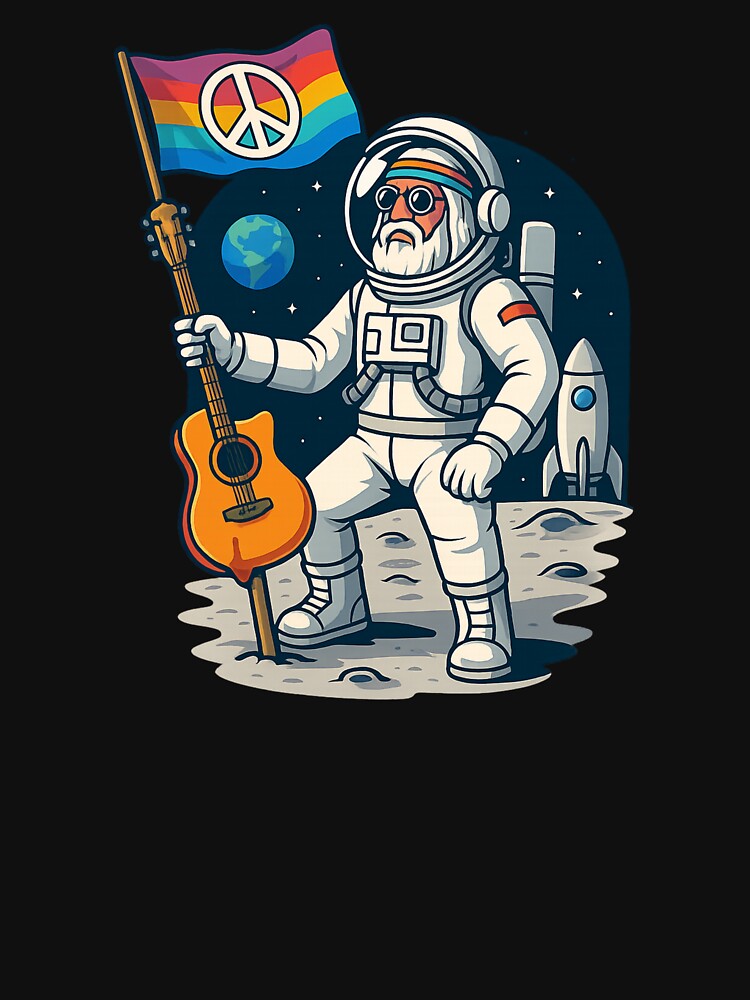 Elderly White Hippie Astronaut – Moon Peace Flag Guitar Design by Lunaria Arts T-Shirts, Hoodie, Sweatshirt (Image 3)