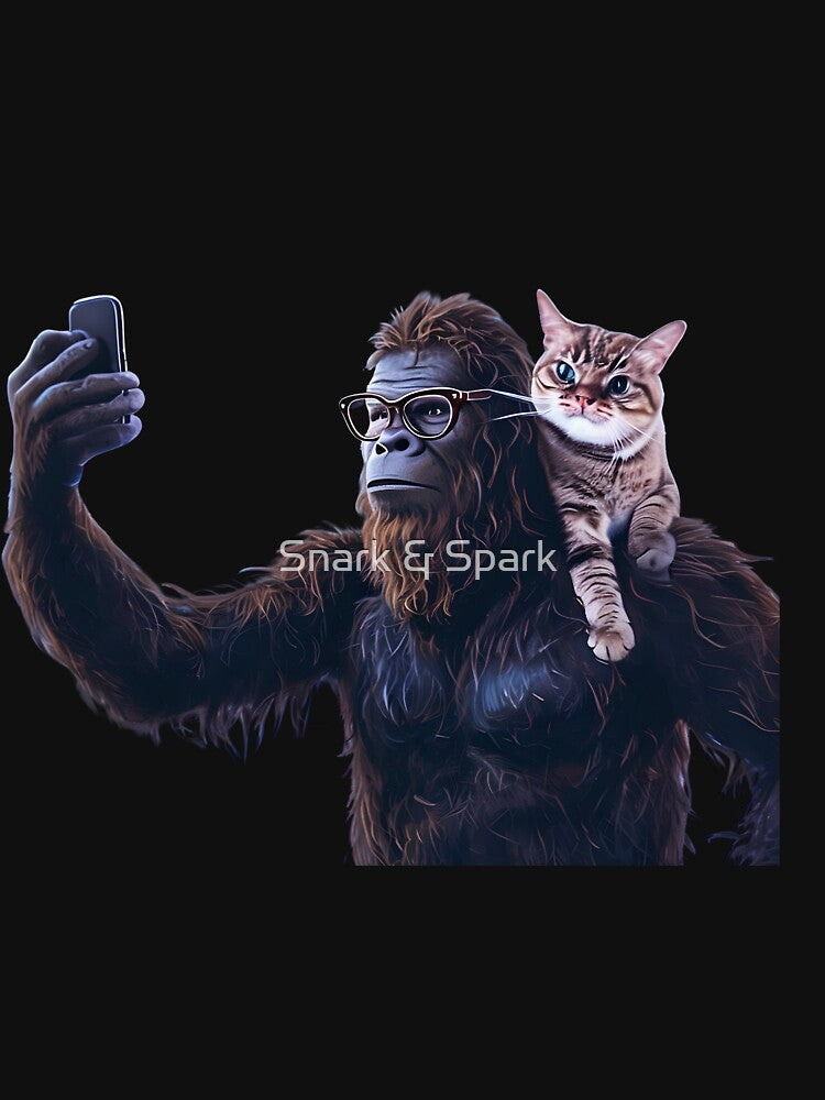 Bigfoot Selfie Cat T-Shirt: Funny Sasquatch Glasses Pet Lover Meme Tee | Cryptid Nerd Selfie by Snark & Spark... (Image 3)