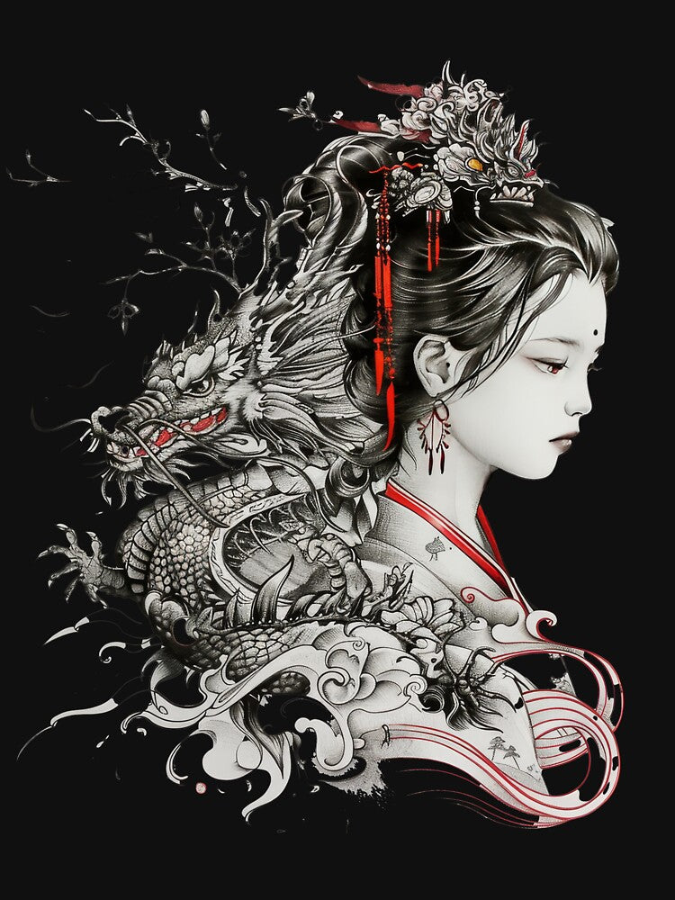 Geisha And Dragon. Tattoo style art. by Lucy Goosy Art T-Shirts, Hoodie, Sweatshirt | BlankRebels.com (Image 3)