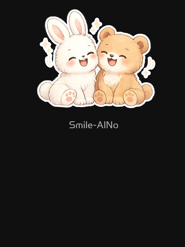 Kawaii Bunny & Bear Happy Hug — Cute Joyful Animal Friendship Illustration by Smile-AlNo